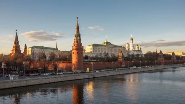 Moscow Kremlin in the Sunset, View From the Big Stone Bridge.