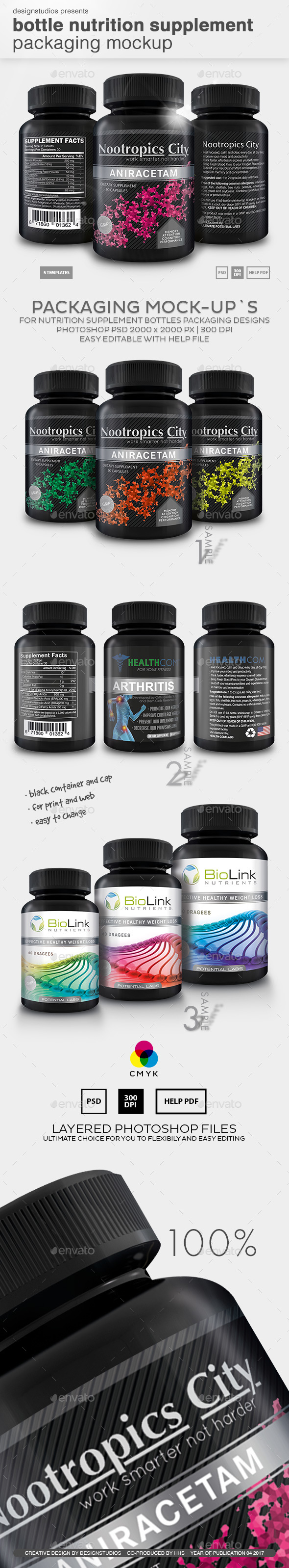 Bottle Nutrition Supplement Packaging Mock-Up - Food and Drink Packaging