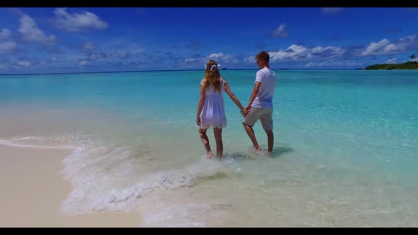 Guy and girl tan on marine resort beach adventure by transparent lagoon with bright sandy background alt