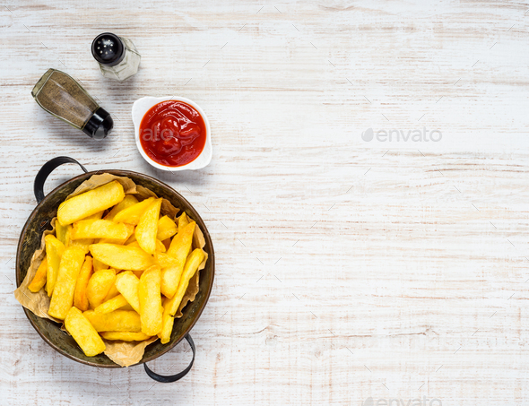 French Fries and Ketchup on Copy Space Text Area - Stock Photo - Images