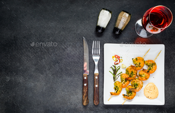 Cooked Prawns with Rose Wine on Copy Space - Stock Photo - Images