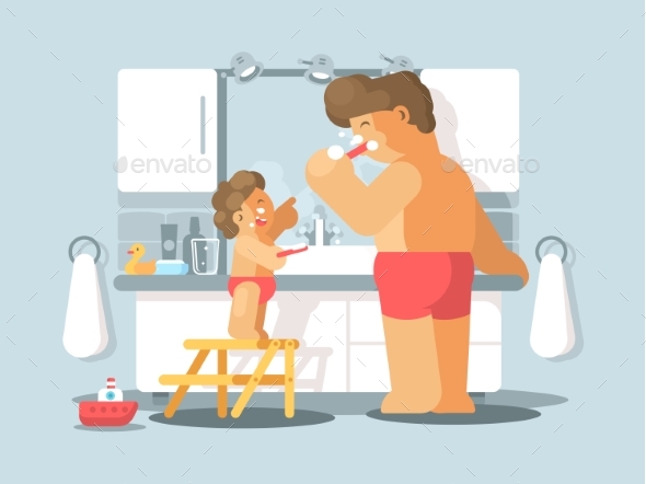 Father and Son Brush Teeth - People Characters