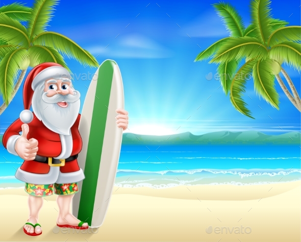Santa Surfer on Tropical Beach - Christmas Seasons/Holidays