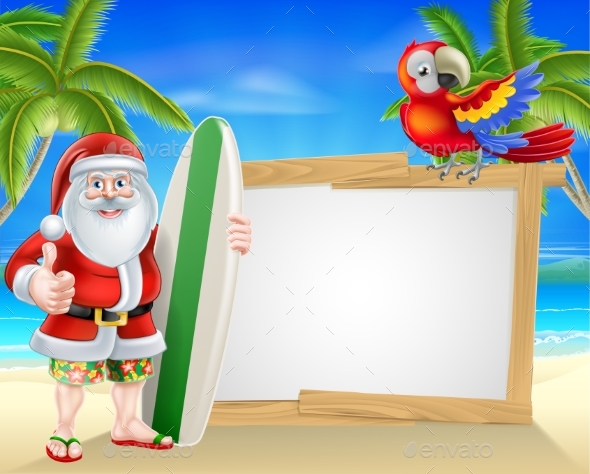 Surf Board Santa Tropical Beach Sign - Seasons/Holidays Conceptual