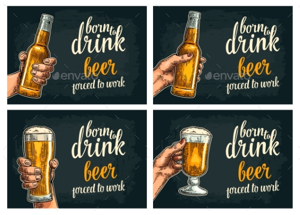 Female and Male Hands Holding Beer Bottles - Miscellaneous Vectors