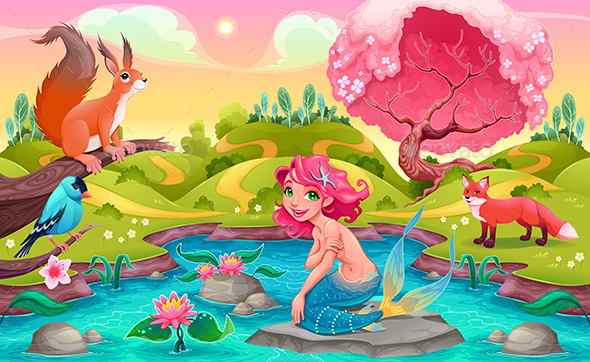 Fantasy Scene with Mermaid and Animals - Animals Characters