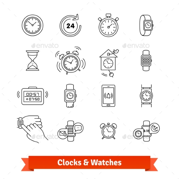 Clocks and Watches. Thin Line Art Icons Set - Objects Icons