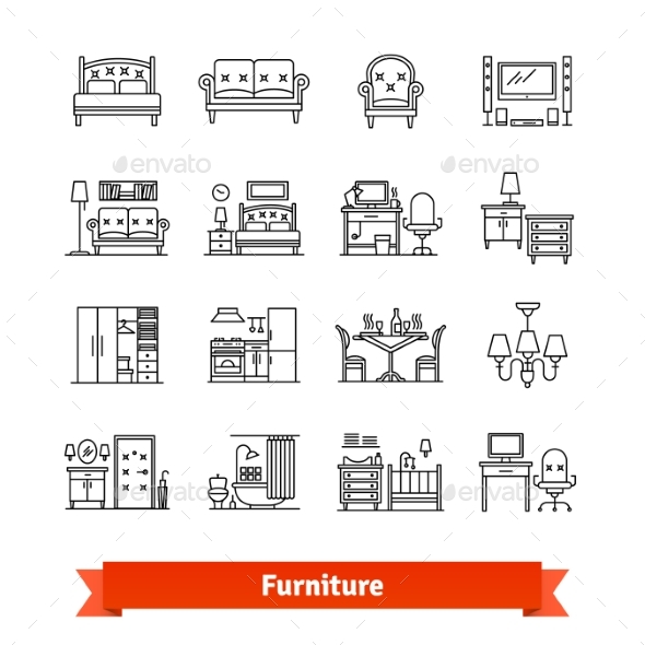 Furniture and Home Decor Thin Line Art Icons Set - Man-made Objects Objects