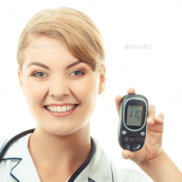 Vintage photo, Woman holding glucose meter and showing thumbs up, checking sugar level - Stock Photo - Images