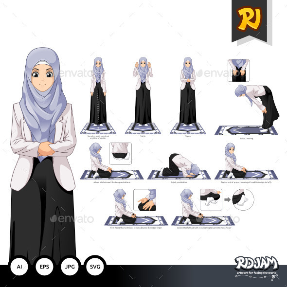 Complete Set of Muslim Woman Prayer Position Guide Step by Step Vector Illustration - People Characters