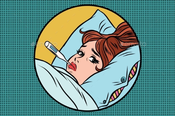 Sick Young Woman Lying in Bed with Thermometer - People Characters