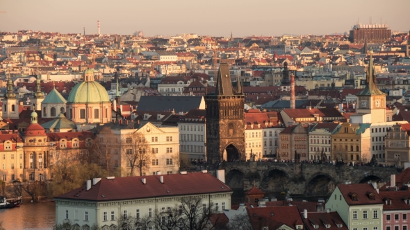 Prague and Its River, Taken As a Day-to Night Transition  Shot