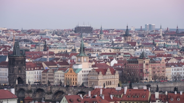 Shot of the Central Part of Prague with a Day=to-night Transition