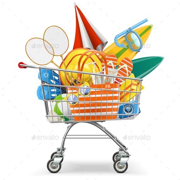 Vector Supermarket Cart with Beach Accessories - Retail Commercial / Shopping