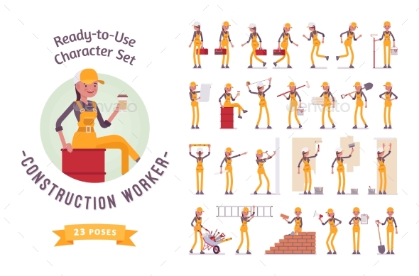 Ready-to-Use Young Female Worker Character Set - People Characters