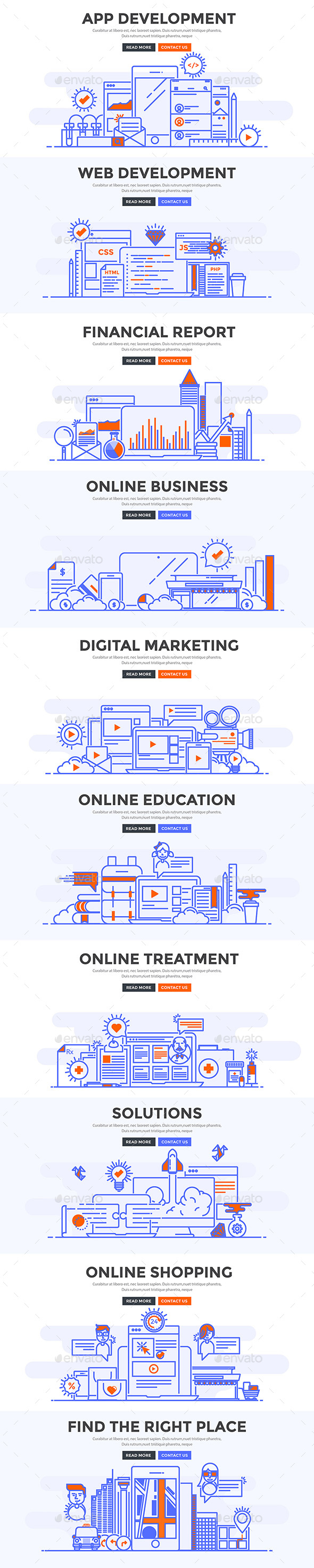 Set of Flat Line Color Banners - Web Technology
