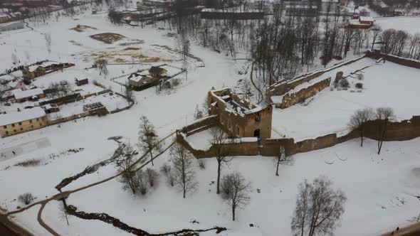 Ruins of Ancient Livonian Order's Stone Medieval Castle Latvia Aerial Drone Top Shot  alt