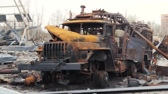Blown Up Burnt Cars In Ukraine War. Destroyed Machines