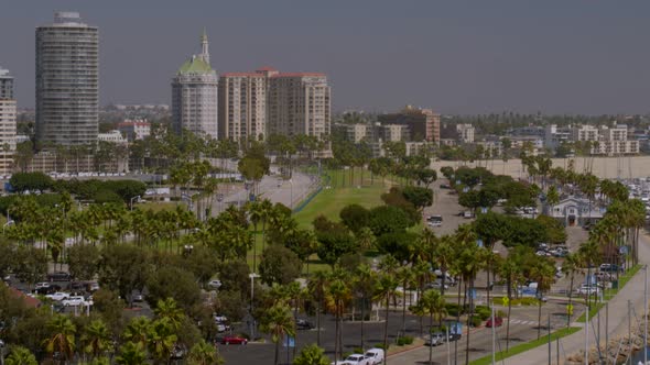 Aerial of park, skyscrapers and boats moored at harbor in city alt
