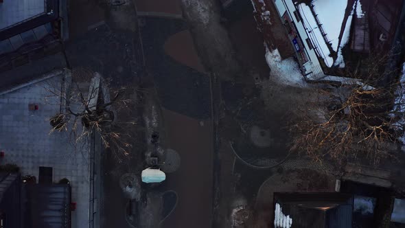 Krupówki deserted street at Zakopane during lockdown due to Covid 19, Poland. Aerial top-down alt