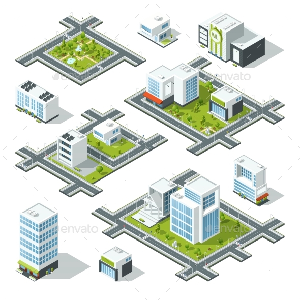 Isometric City 3d Vector Illustration with Office - Miscellaneous Vectors