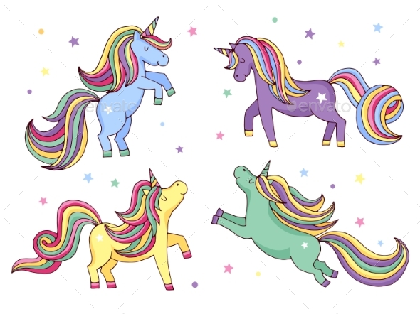 Funny Cartoon Unicorn. Vector Illustrations Set - Characters Vectors