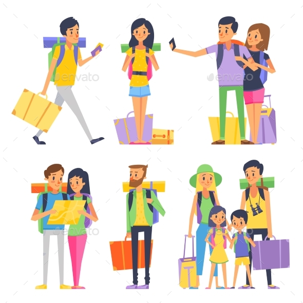 Tourist Group of Happy People Goes To Vacation - People Characters