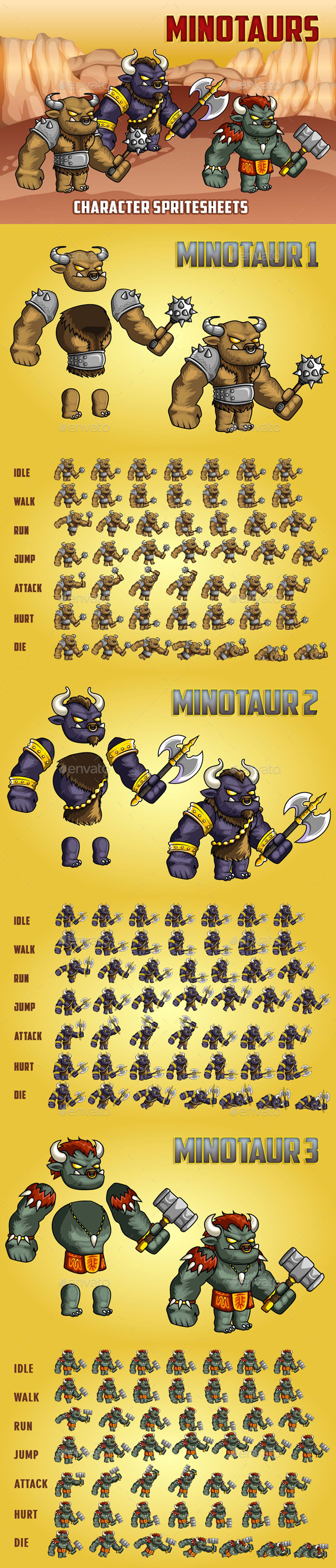 Minotaurs 2D Game Character Sprite Sheet by craftpix_net | GraphicRiver