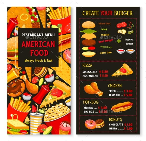 Vector Menu for Fast Food Meals and Desserts - Food Objects