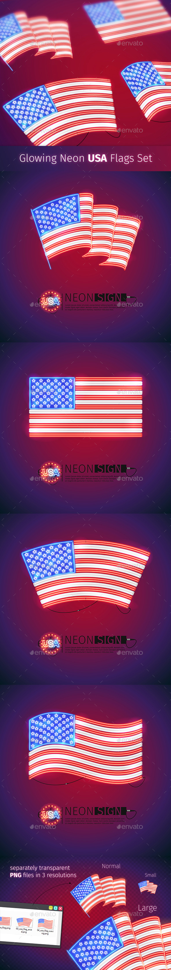 Glowing Neon USA Flags Set - Objects Vectors