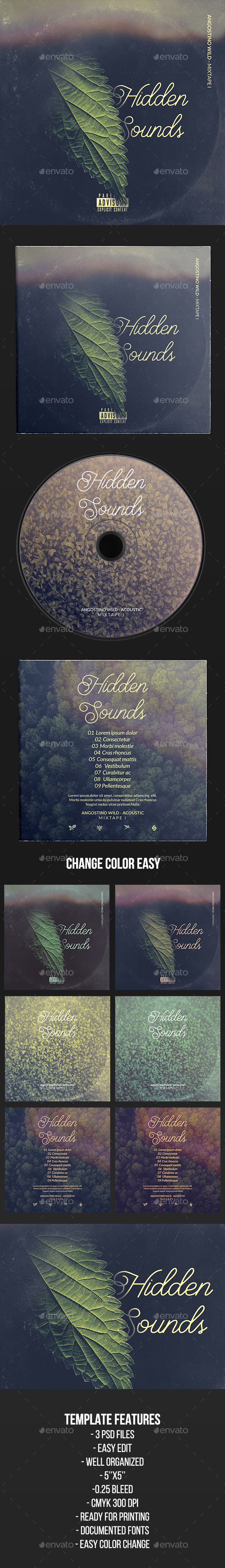 Hidden Sounds - CD Cover Artwork Template - CD & DVD Artwork Print Templates