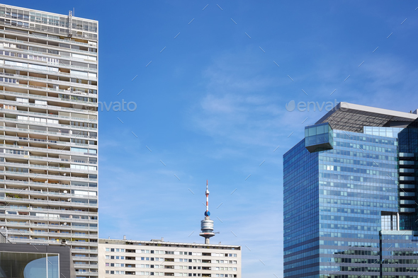 Modern buildings in the UNO city complex, Vienna, Austria - Stock Photo - Images