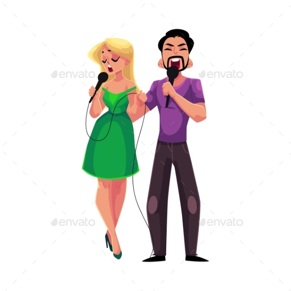 Man and Woman Singing Into Microphones Karaoke - People Characters