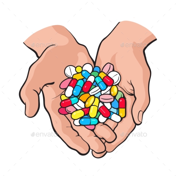 Two Cupped Hands Holding Handful of Pills - Health/Medicine Conceptual