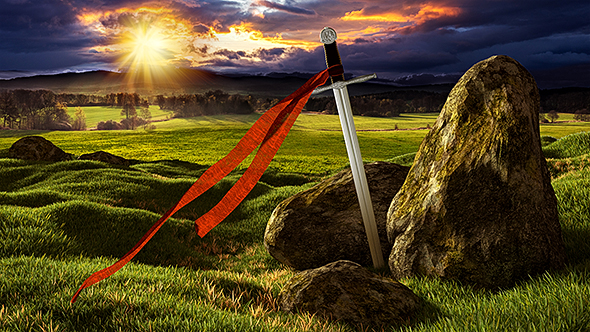 Sword in the Dramatic Sunny Landscape.