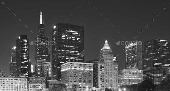 Black and white picture of Chicago downtown at night, USA Stock Photo by Maciejbledowski