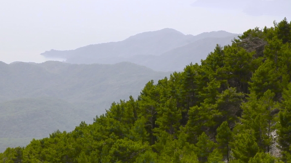 A Seaside and a Mountain Peaks in a Light Fog