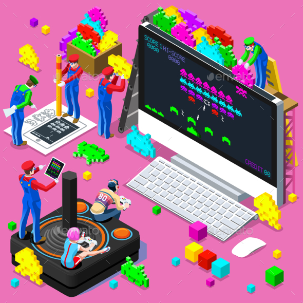 Video Retro Game Gaming Isometric People Vector Illustration - Vectors