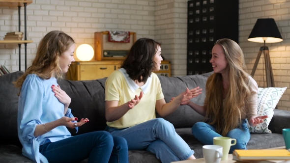 Three Young and Energetic Best Friend Girls Talk Together Emotionally and Lively