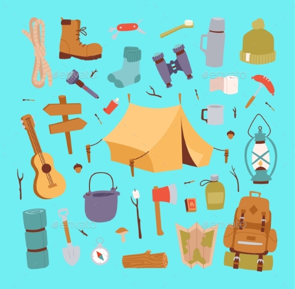 Camping Stickers in Hand Drawn Style Vector. - Miscellaneous Vectors