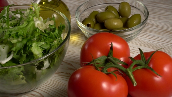 Vegetables Ingridients for Salad on Rustic Wooden Background.