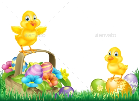 Chicks and Easter Eggs Basket Field - Animals Characters
