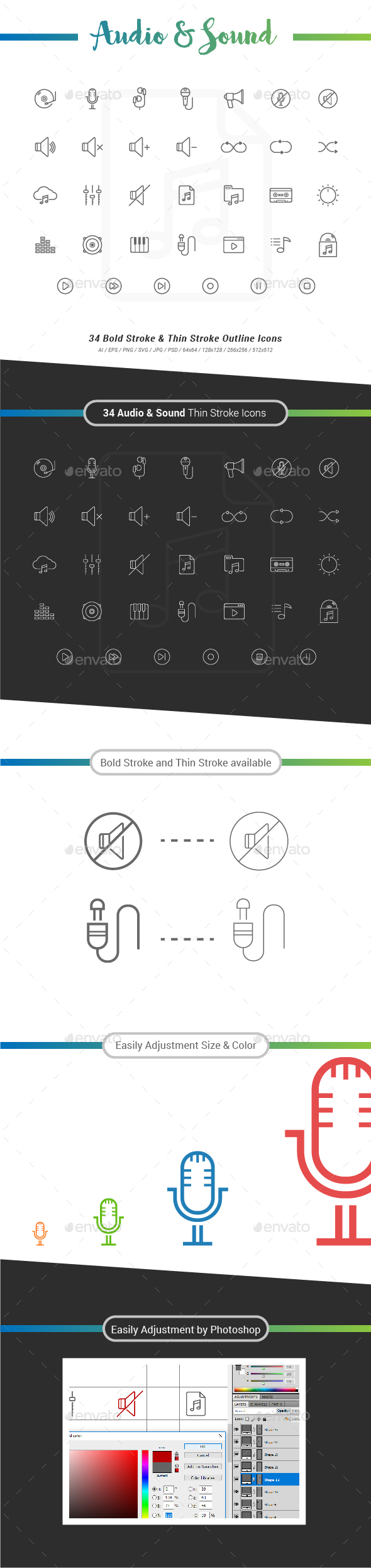 34 Audio & Sound Outline Stroke Icons - Media Icons