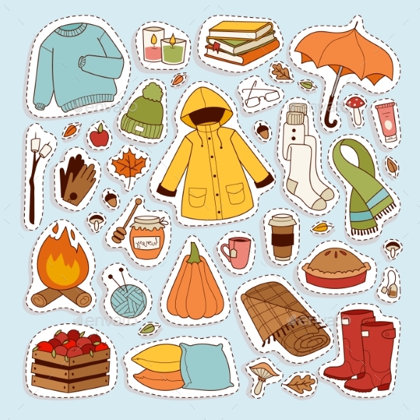 Autumn Icons Stickers Hand Drawn Vector - Seasons Nature