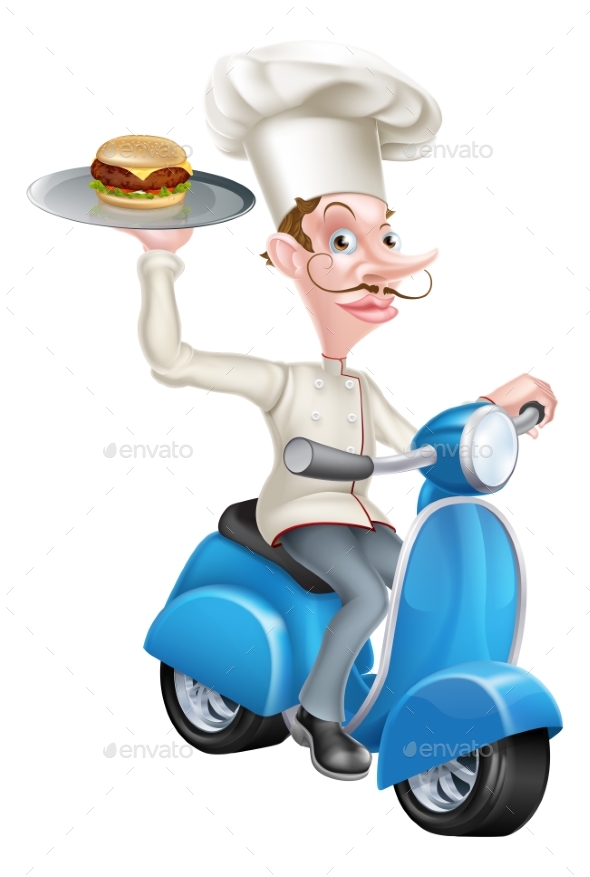 Cartoon Chef on Scooter Moped Delivering Burger