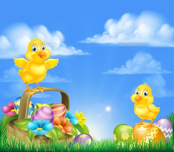Chicks and Easter Eggs Basket Scene - Animals Characters