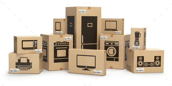 Household kitchen appliances and home electronics in boxes isola