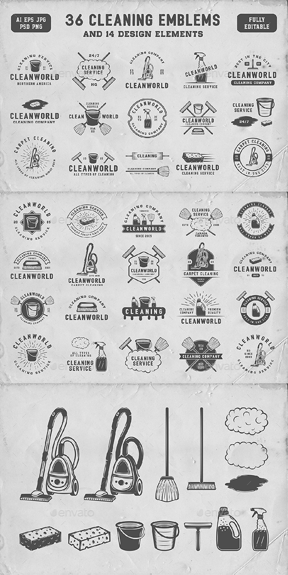 36 Vintage Cleaning Emblems - Badges & Stickers Web Elements
