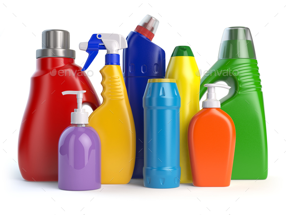 Detergent bottles or containers. Cleaning supplies isolated on w - Stock Photo - Images