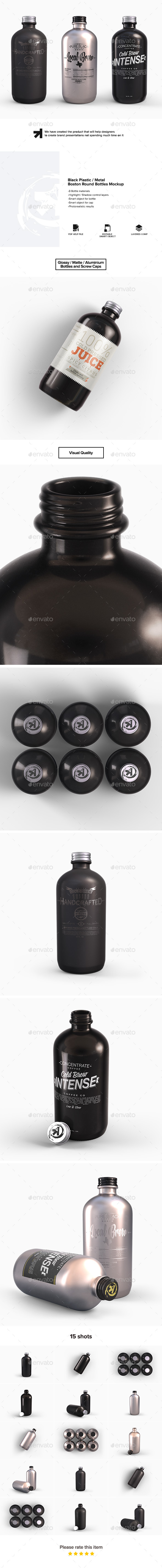 Plastic Metal Boston Round Bottles Mockup